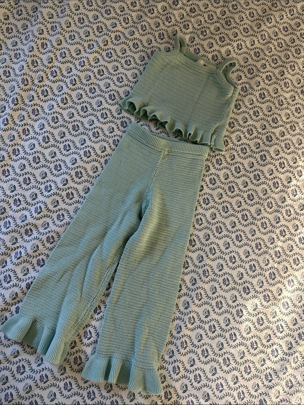 H&M Sage Green Knit Wide-Leg Pants & Cropped Tank Set